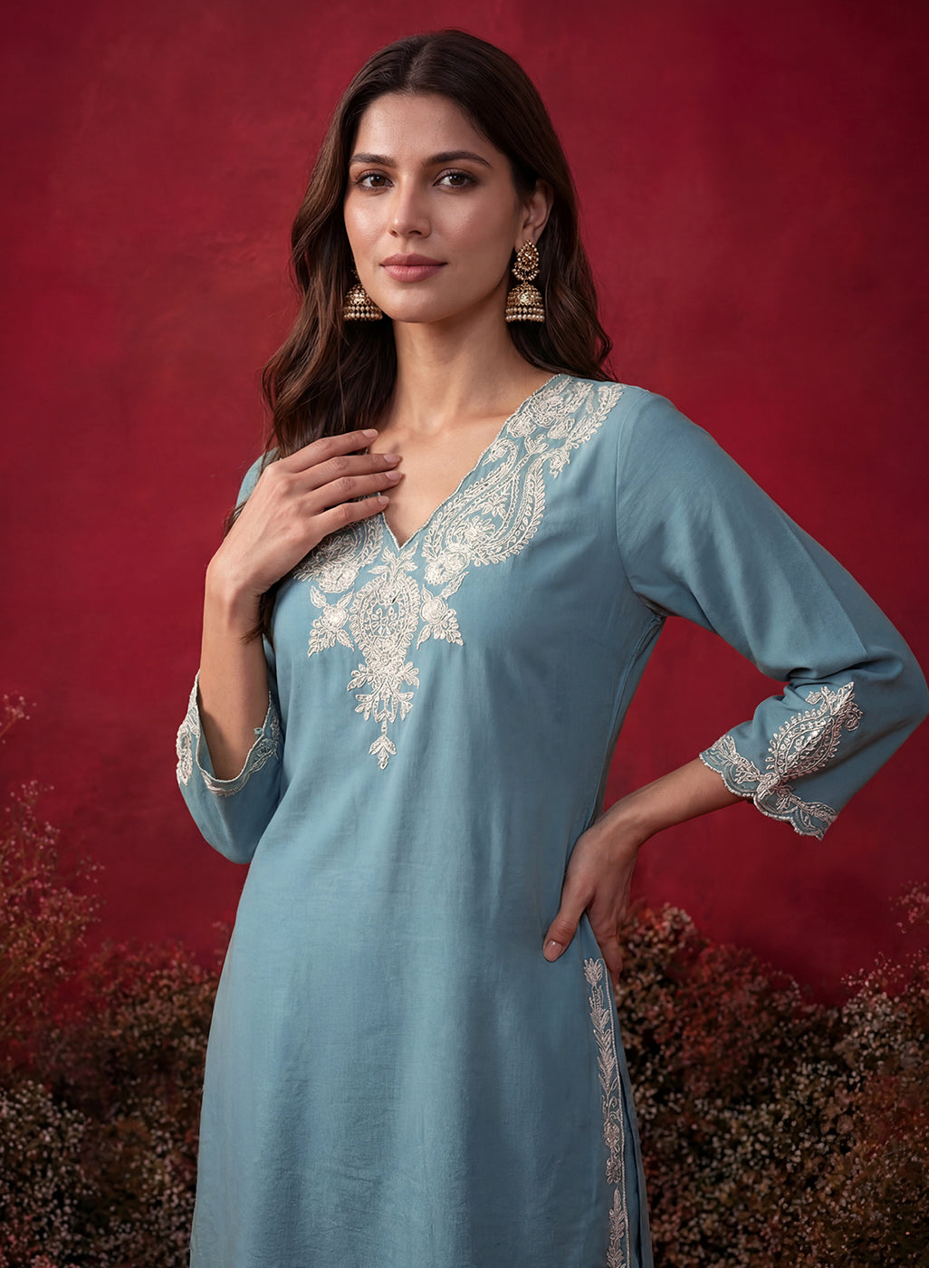 Teal Embroidered Cotton Blend Regular Kurta Set