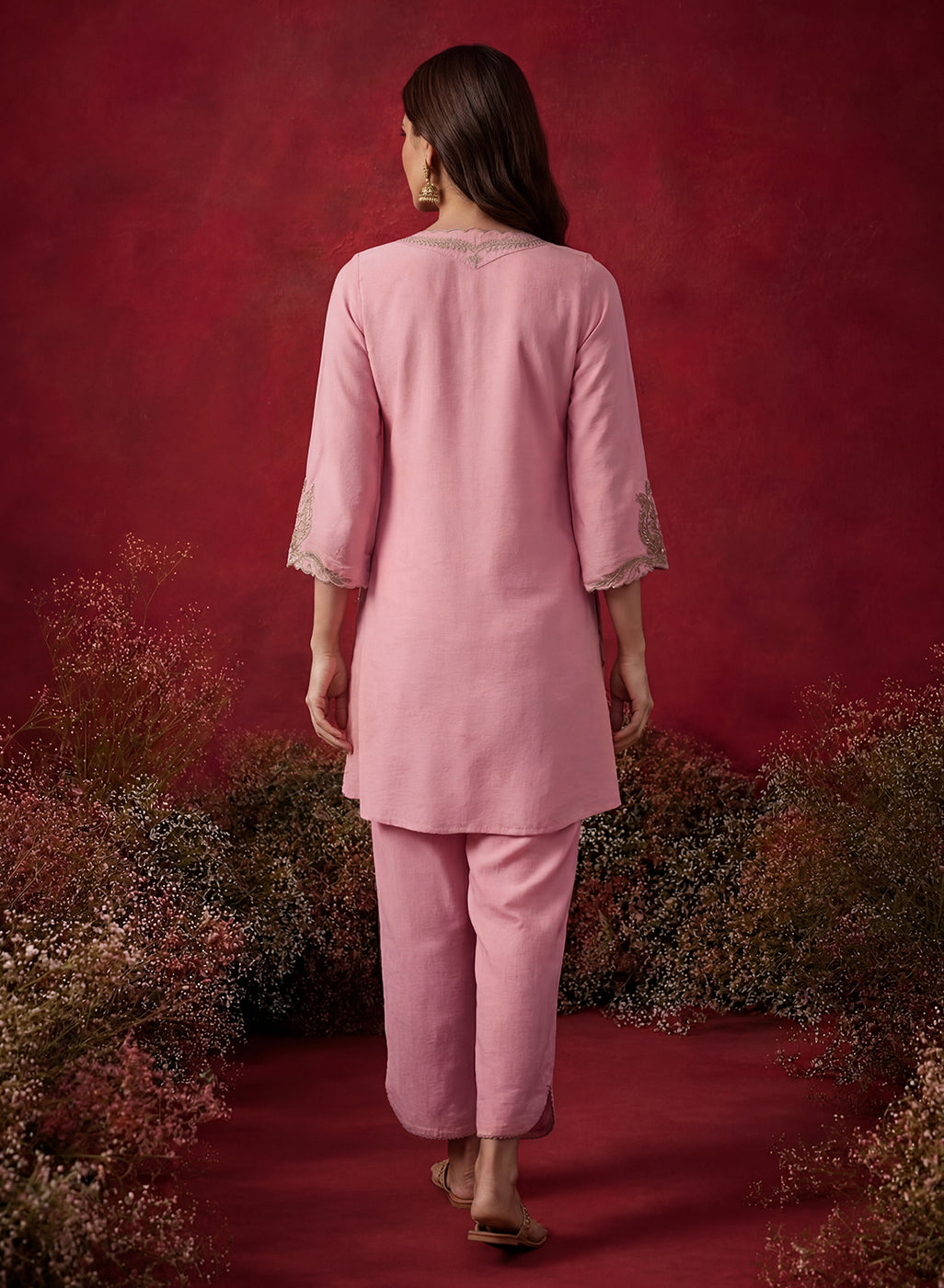 Pink Embroidered Cotton Blend Regular Kurta Set