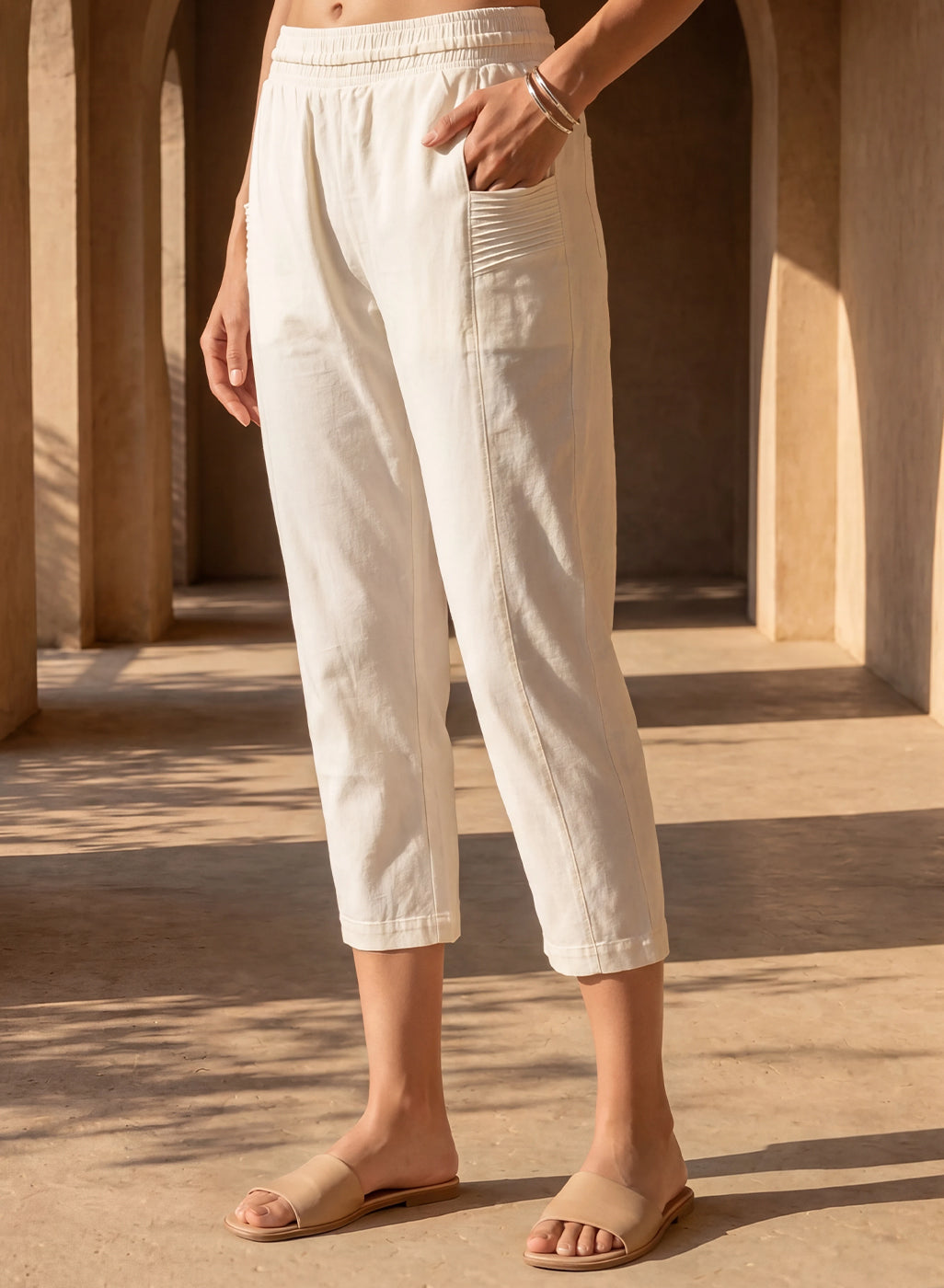 Ivory Cotton Blend Regular Fit Capris