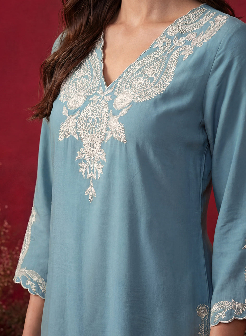 Teal Embroidered Cotton Blend Regular Kurta Set