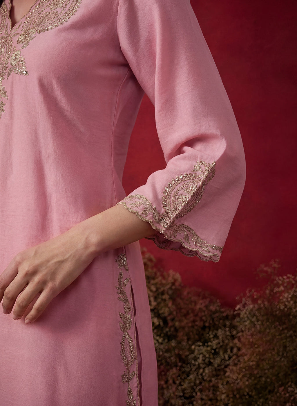 Pink Embroidered Cotton Blend Regular Kurta Set