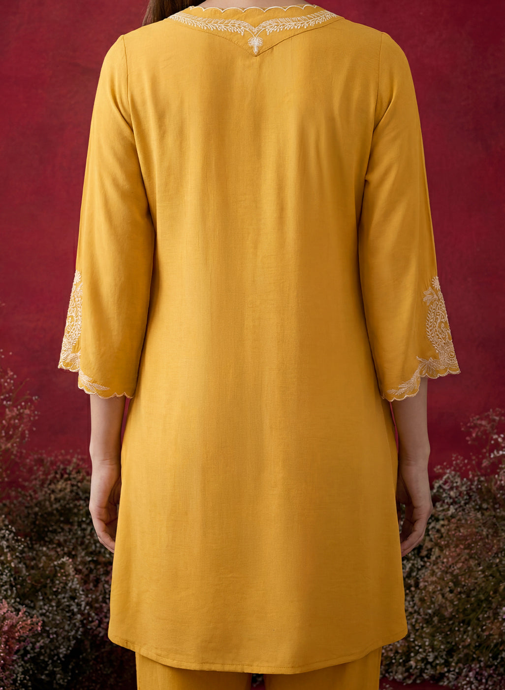 Mustard Embroidered Cotton Blend Regular Kurta Set