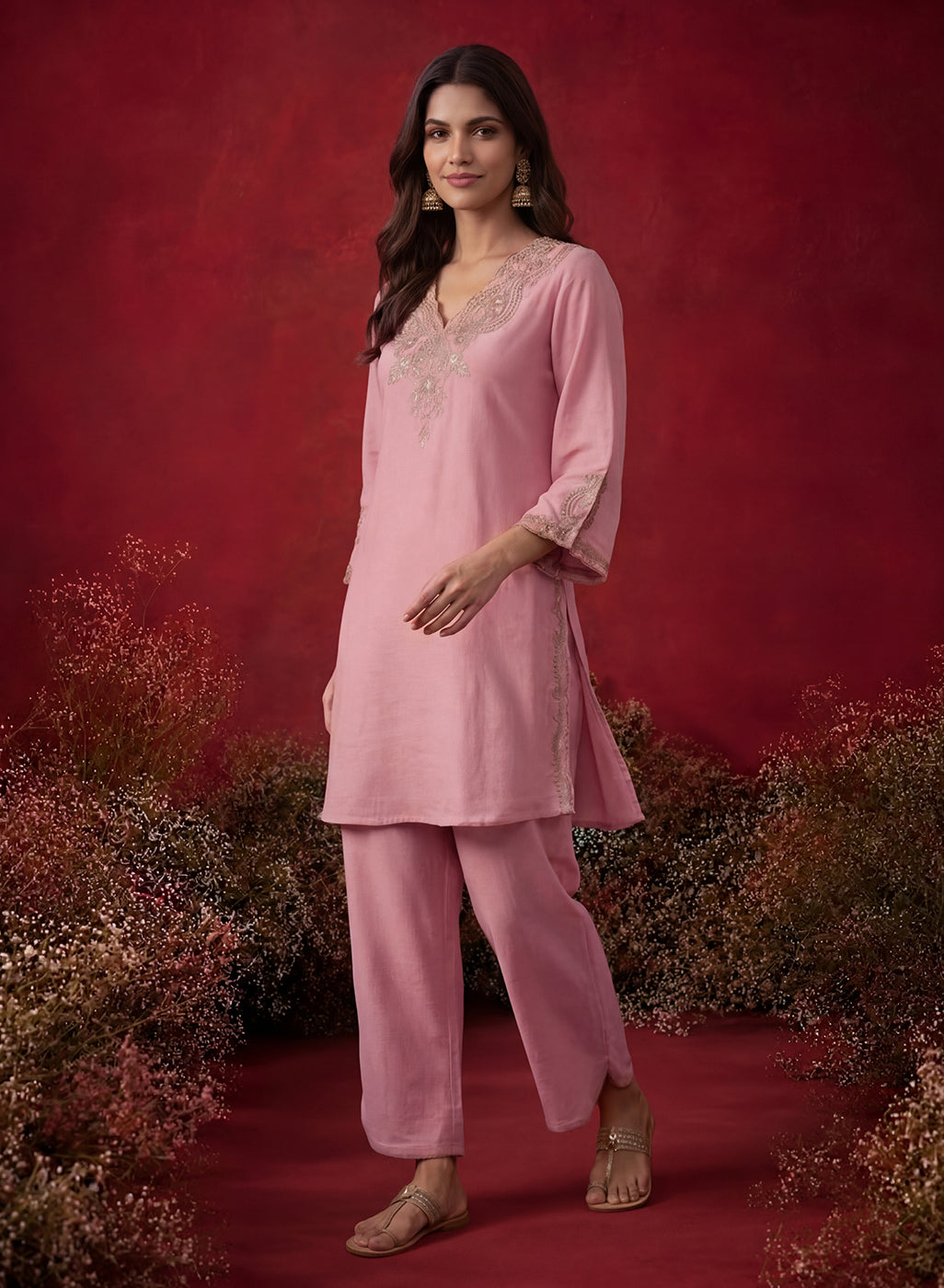 Pink Embroidered Cotton Blend Regular Kurta Set