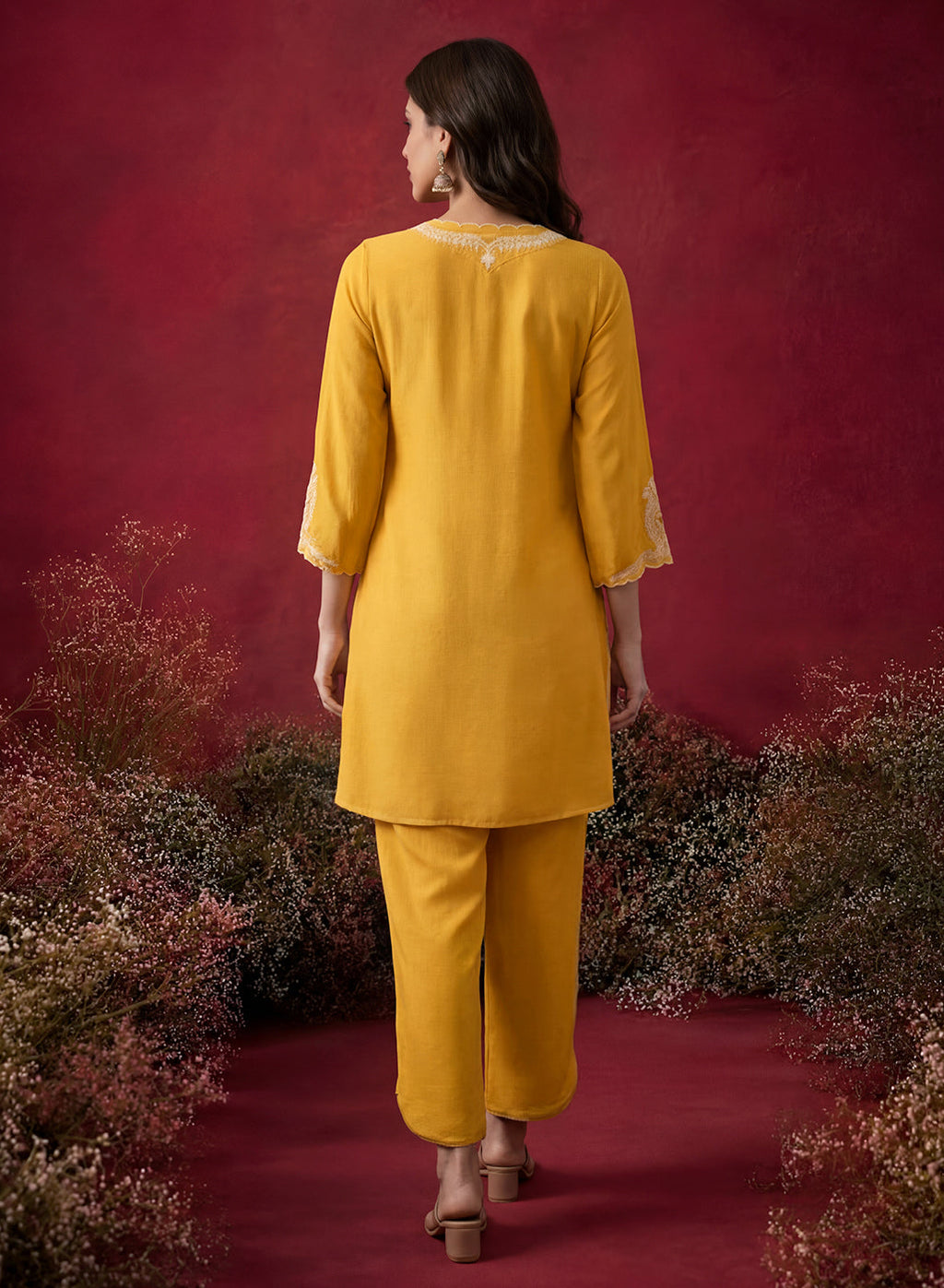 Mustard Embroidered Cotton Blend Regular Kurta Set