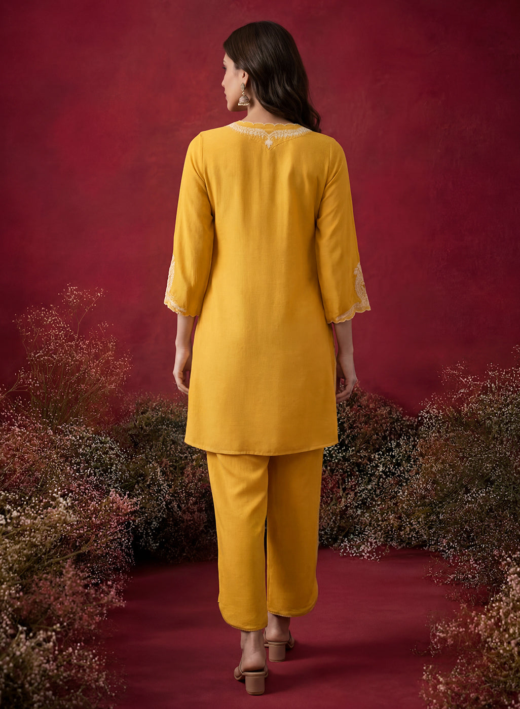 Mustard Embroidered Cotton Blend Regular Kurta Set