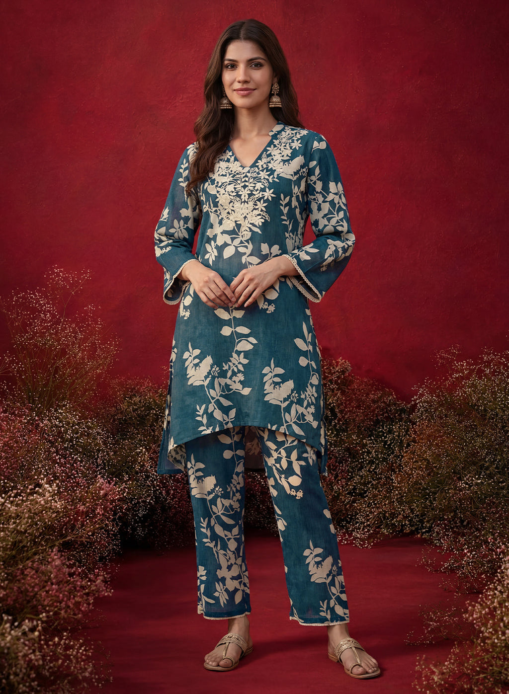 Blue Printed Cotton Blend Relaxed Co-ord Set