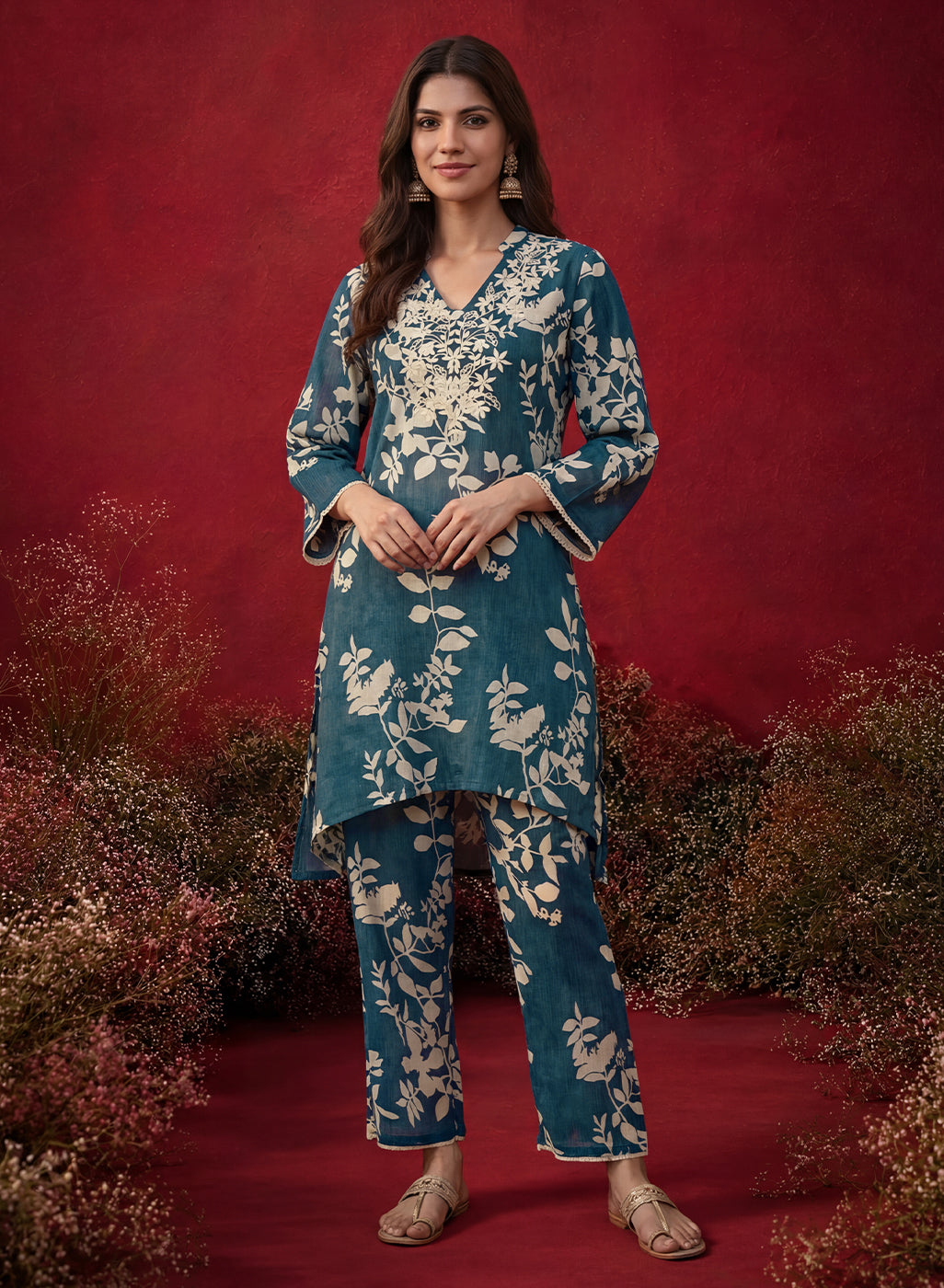 Blue Printed Cotton Blend Relaxed Co-ord Set