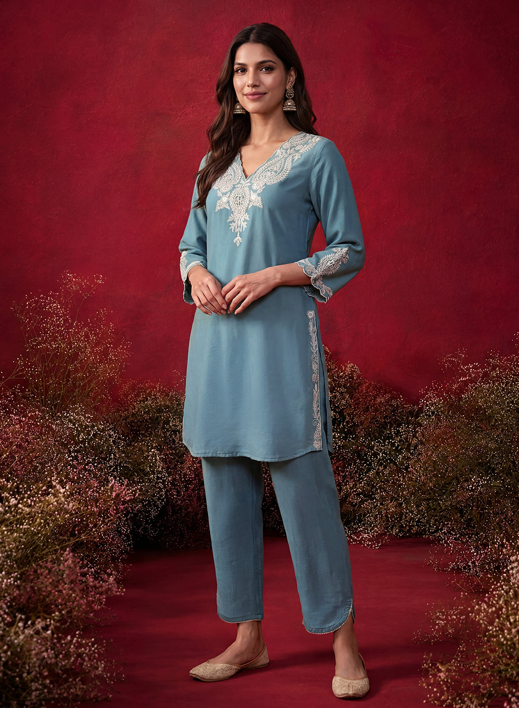 Teal Embroidered Cotton Blend Regular Kurta Set