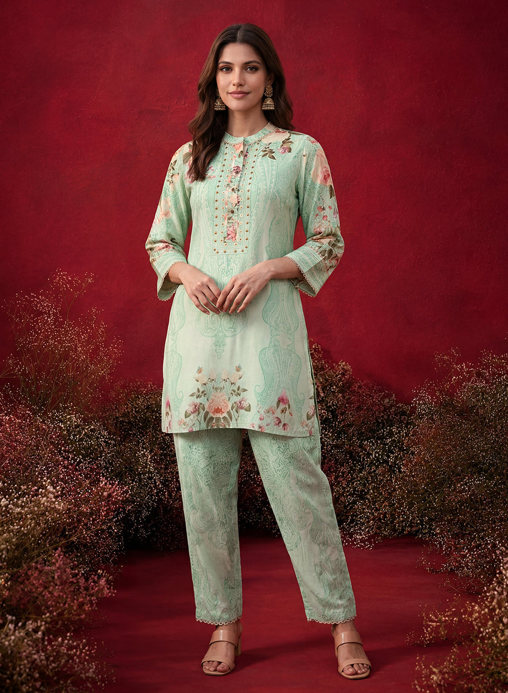 Mint  Green Printed Shantoon Regular Co-ord Set