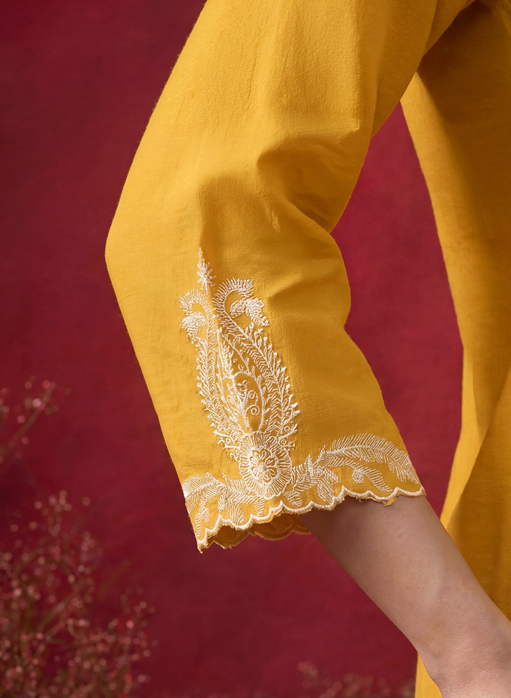 Mustard Embroidered Cotton Blend Regular Kurta Set