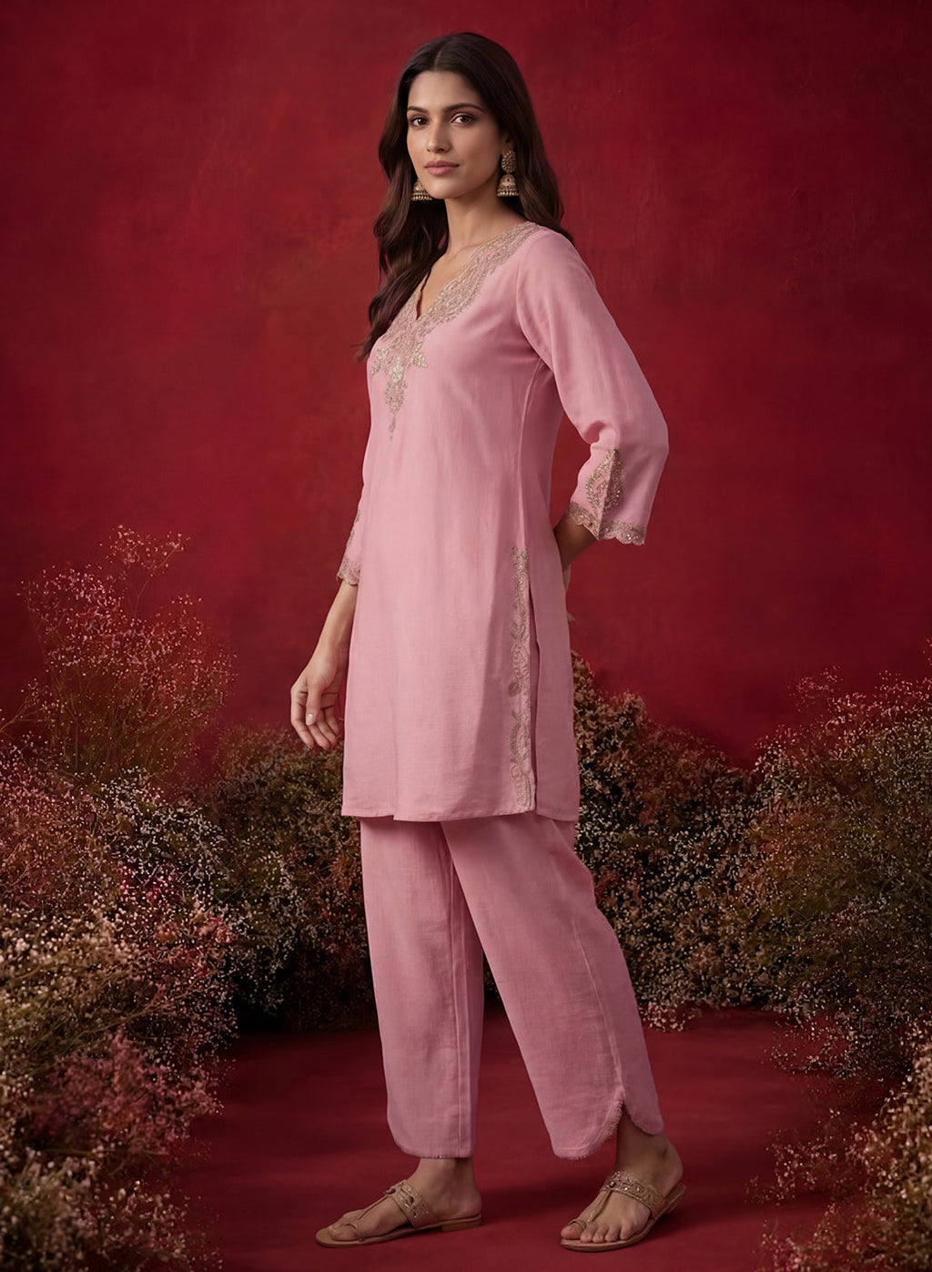 Pink Embroidered Cotton Blend Regular Kurta Set