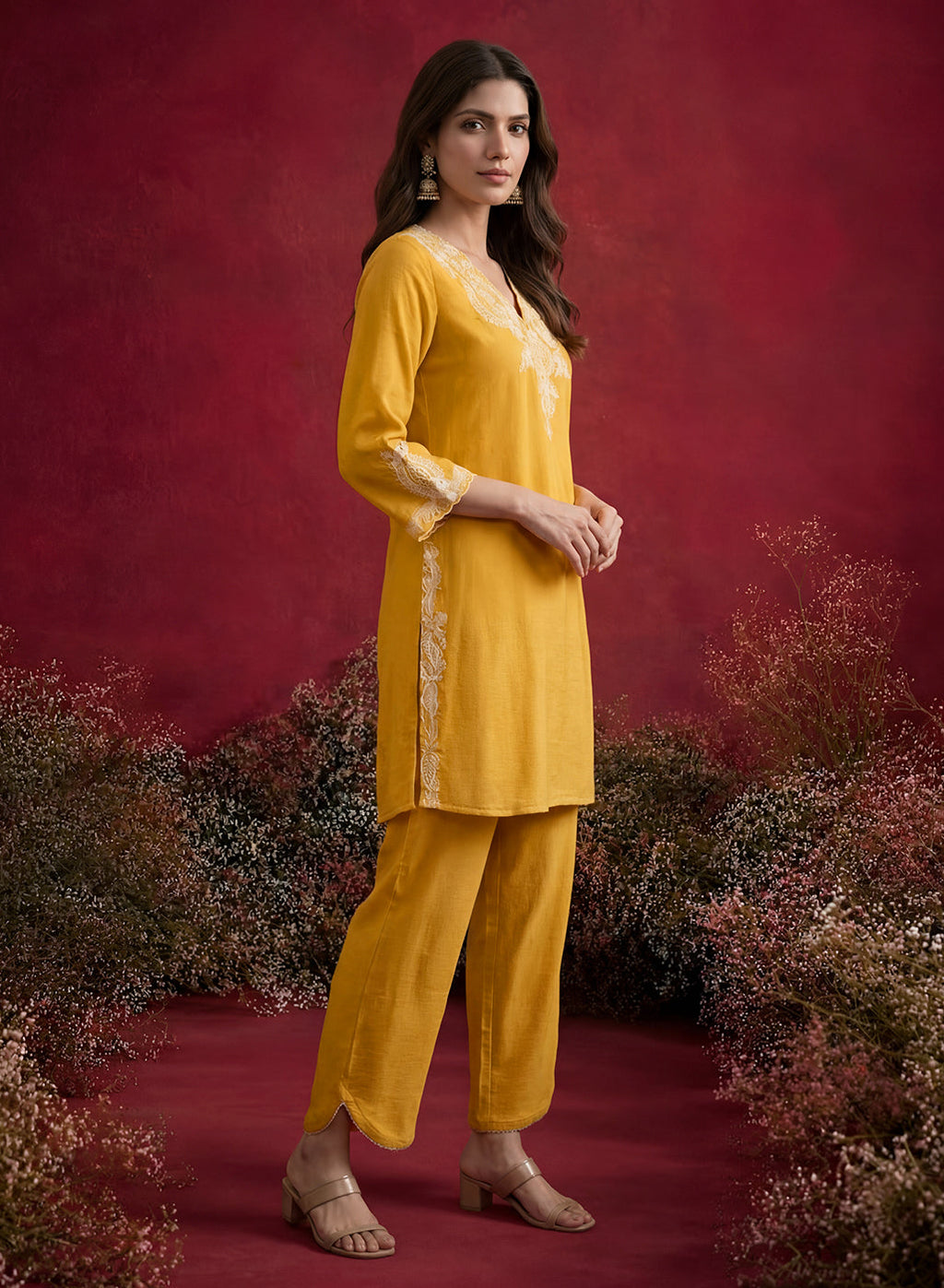 Mustard Embroidered Cotton Blend Regular Kurta Set