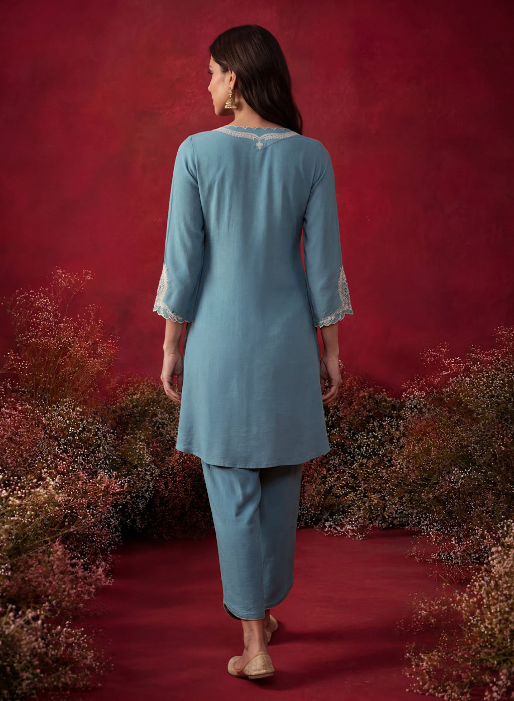 Teal Embroidered Cotton Blend Regular Kurta Set