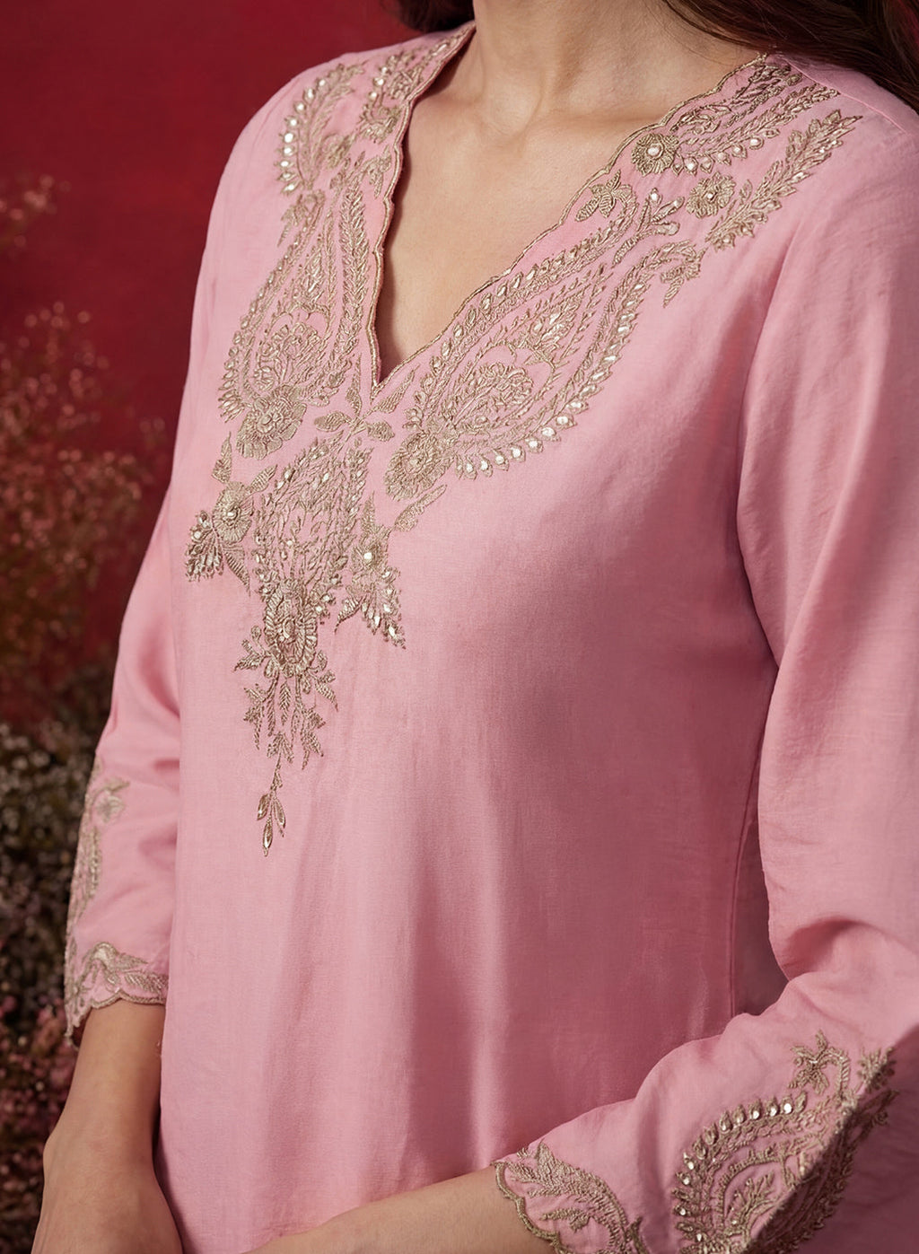 Pink Embroidered Cotton Blend Regular Kurta Set