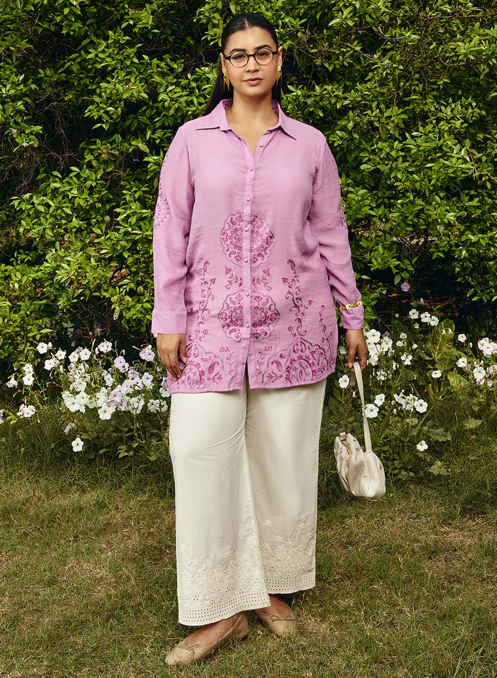 Heli Light Purple Embroidered Cotton Blend Shirt