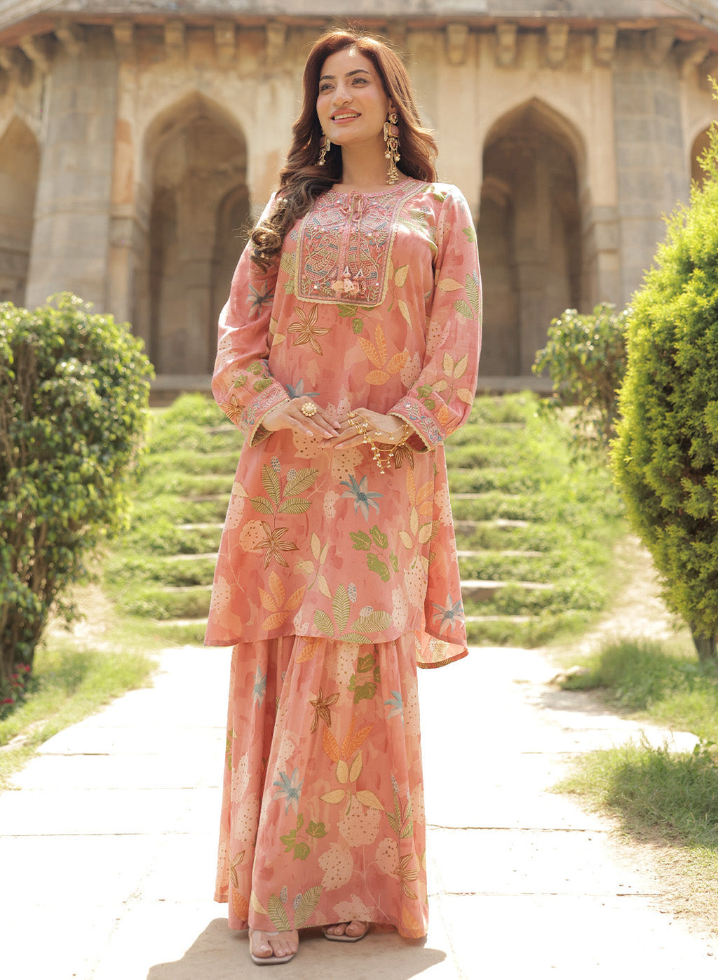 Manjari Peach Printed Garara Suit Set with Dupatta