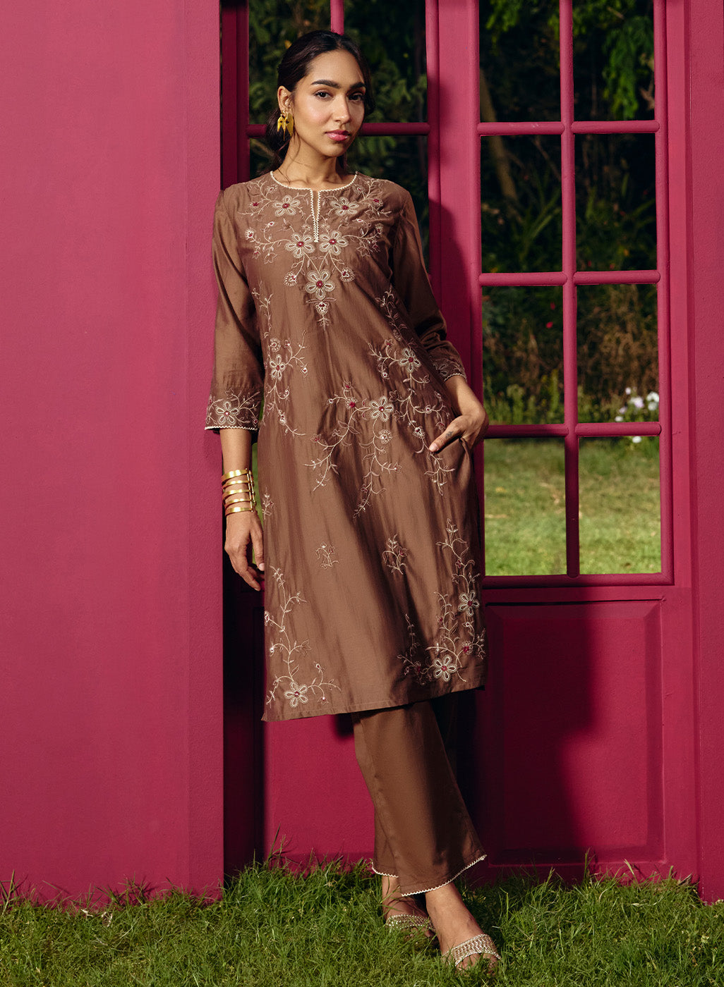 Jogan Brown Embroidered Chanderi Kurta Set