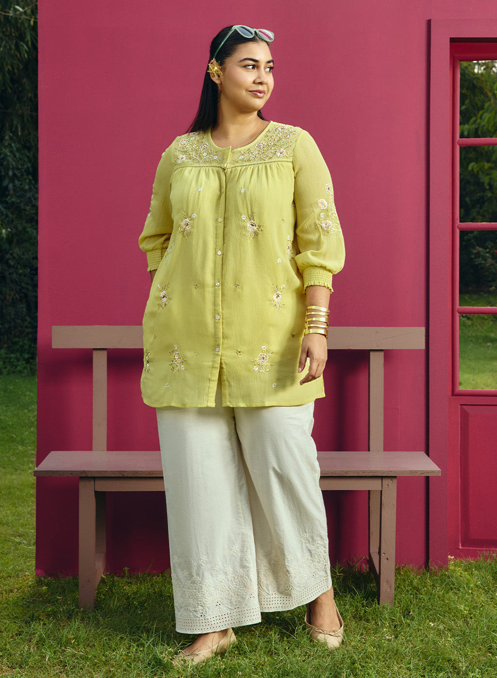 Savera Lemon Yellow Embroidered Chiffon A-line Top