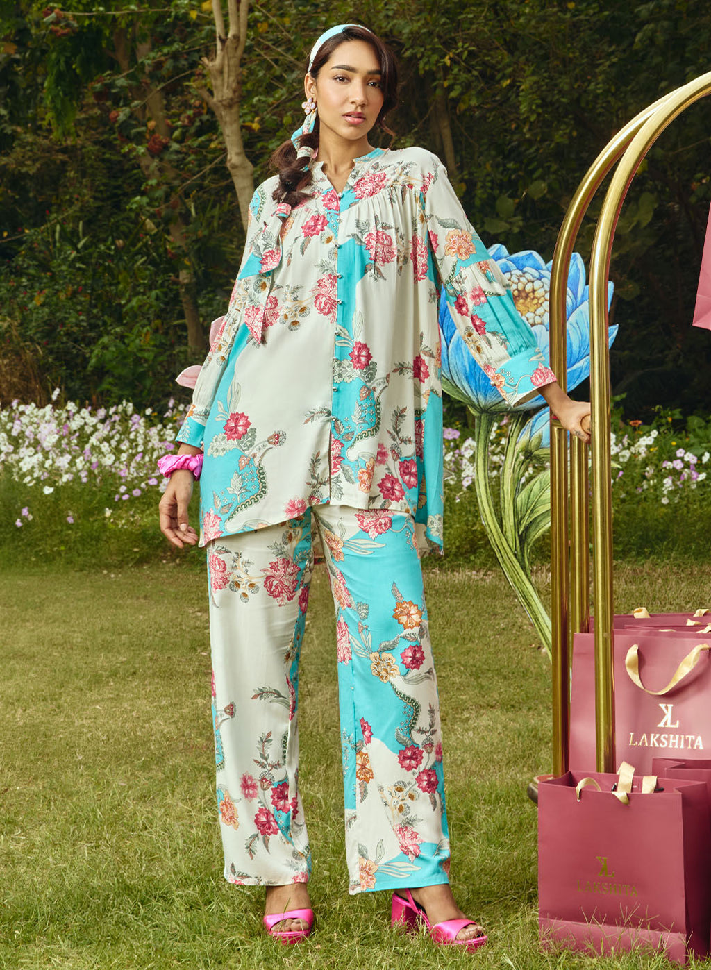 Yamika Blue Cotton Blend Printed Co-ord Set
