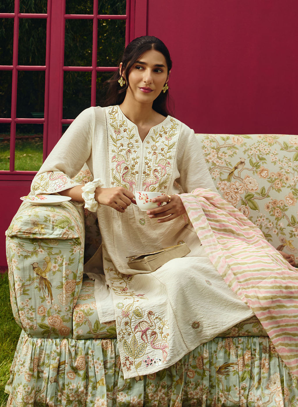 Aaradhya Ivory Embroidered Linen Suit Set with Dupatta