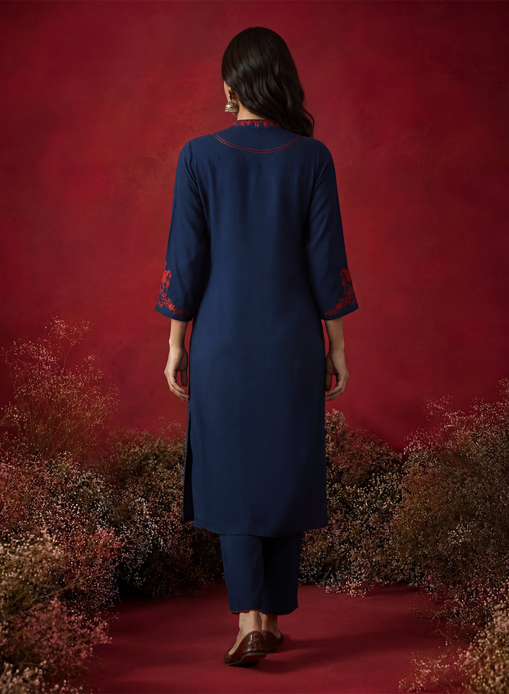 Navy Blue Embroidered Cotton Blend Everyday Kurta