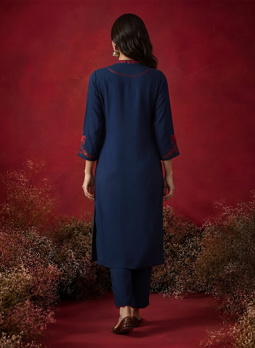Navy Blue Embroidered Cotton Blend Everyday Kurta