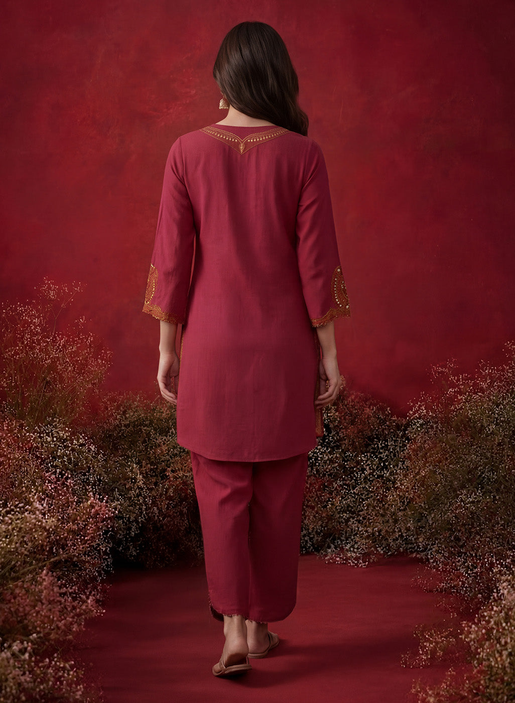 Fuchsia Embroidered Cotton Blend Regular Kurta Set