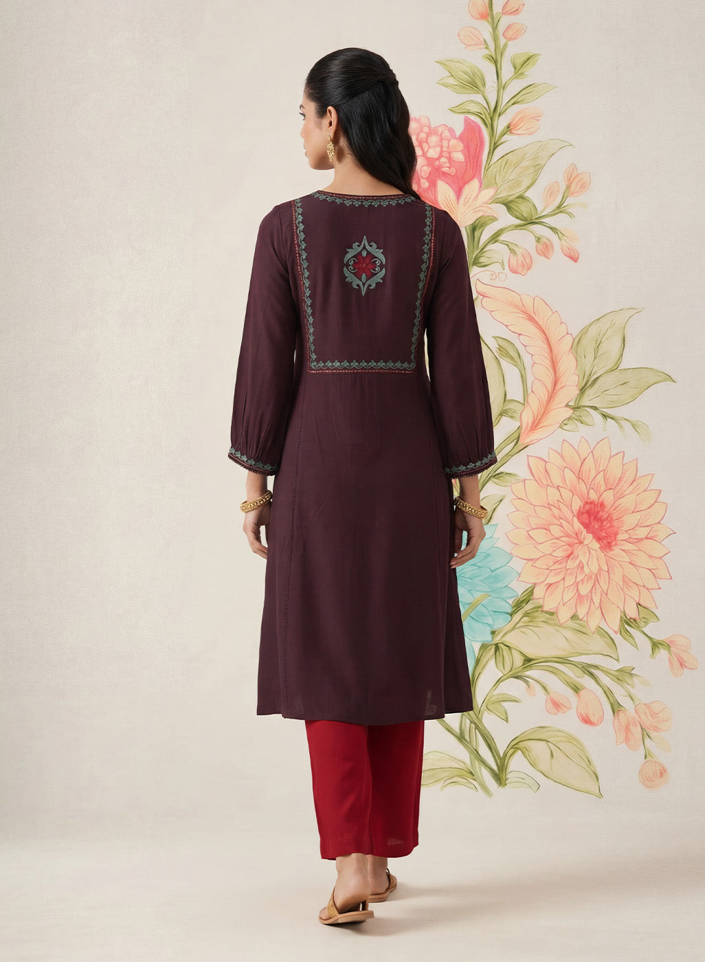 Jugni Wine Embroidered A-line Kurta
