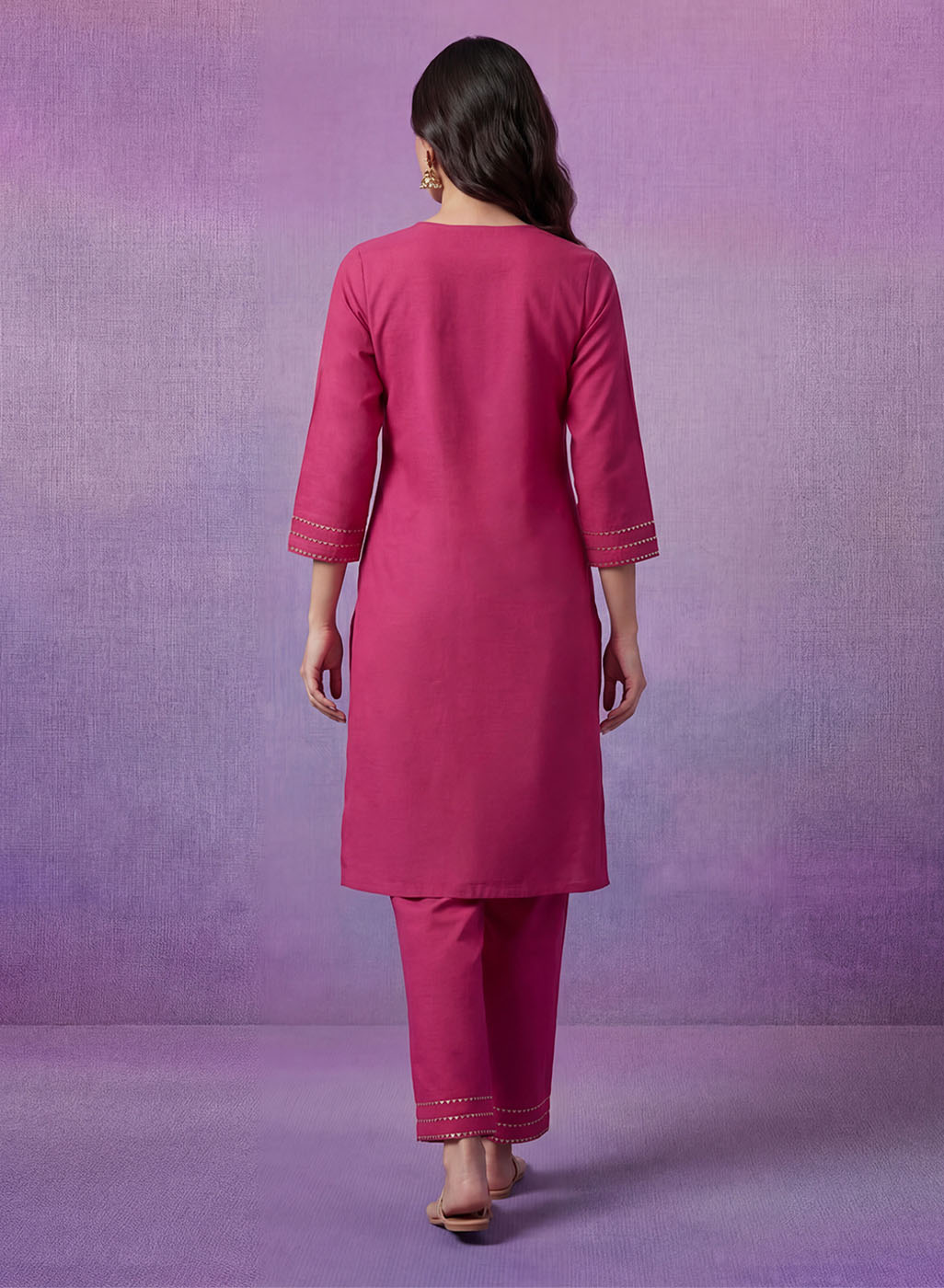 Fuchsia Cotton Blend Embroidered Kurta Set