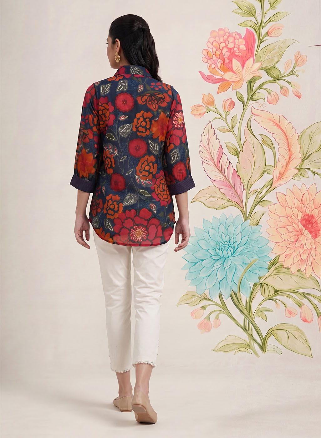 Survani Navy Floral Printed Cotton Shirt