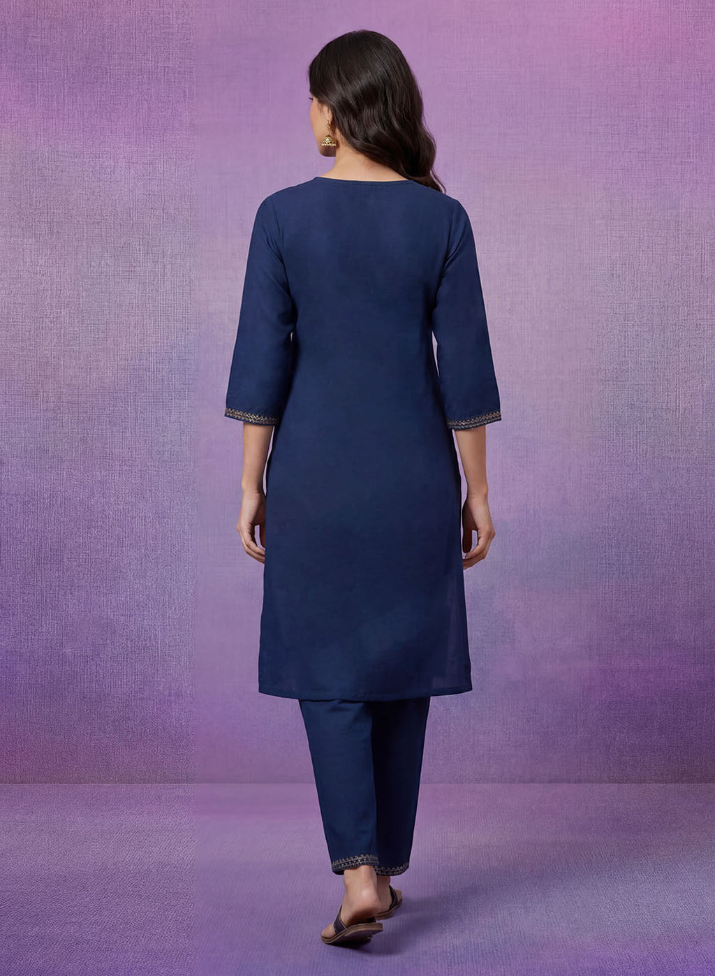 Blue Cotton Blend Embroidered Kurta Set