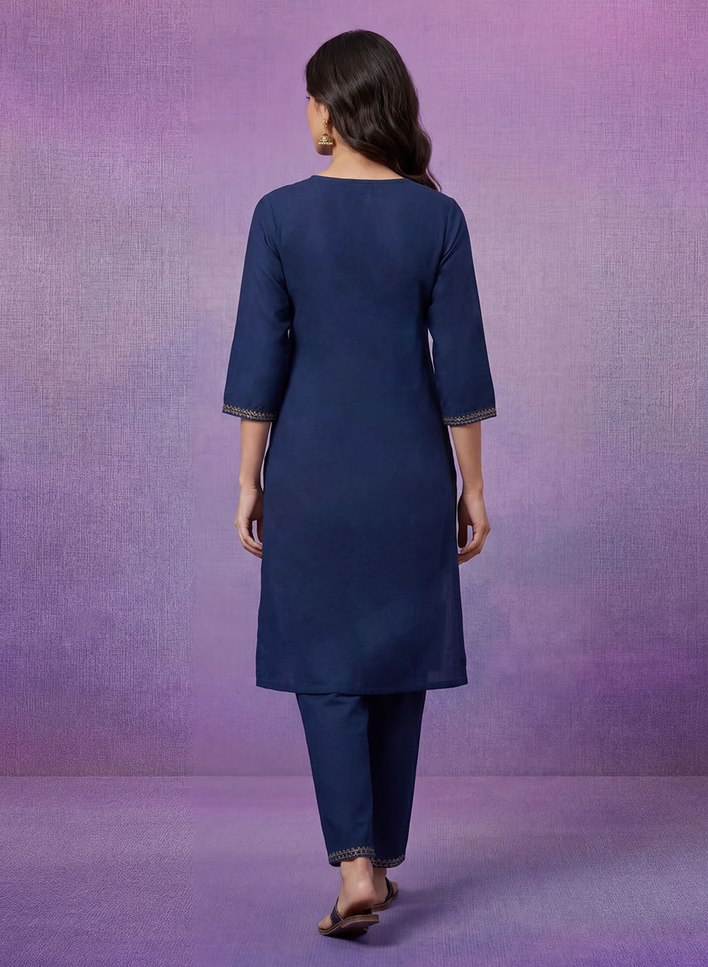 Blue Cotton Blend Embroidered Kurta Set