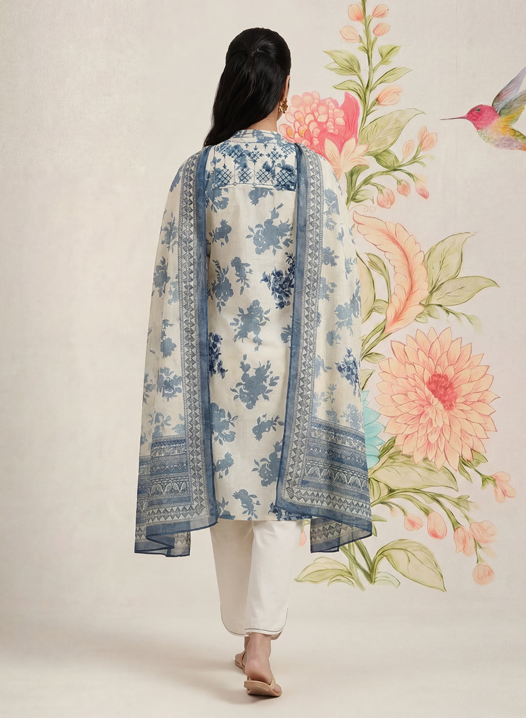 Falguni Blue Printed Cotton Suit Set with Dupatta