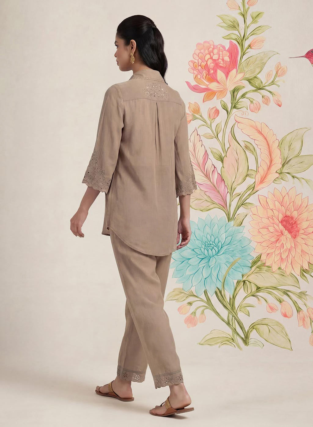 Zoa Beige Monochrome Embroidered Co-ord Set