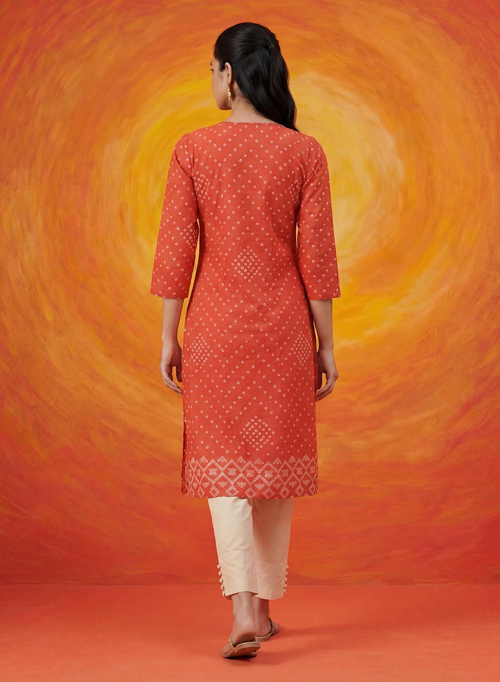 Khas Orange Bandhni Printed Straight Kurta
