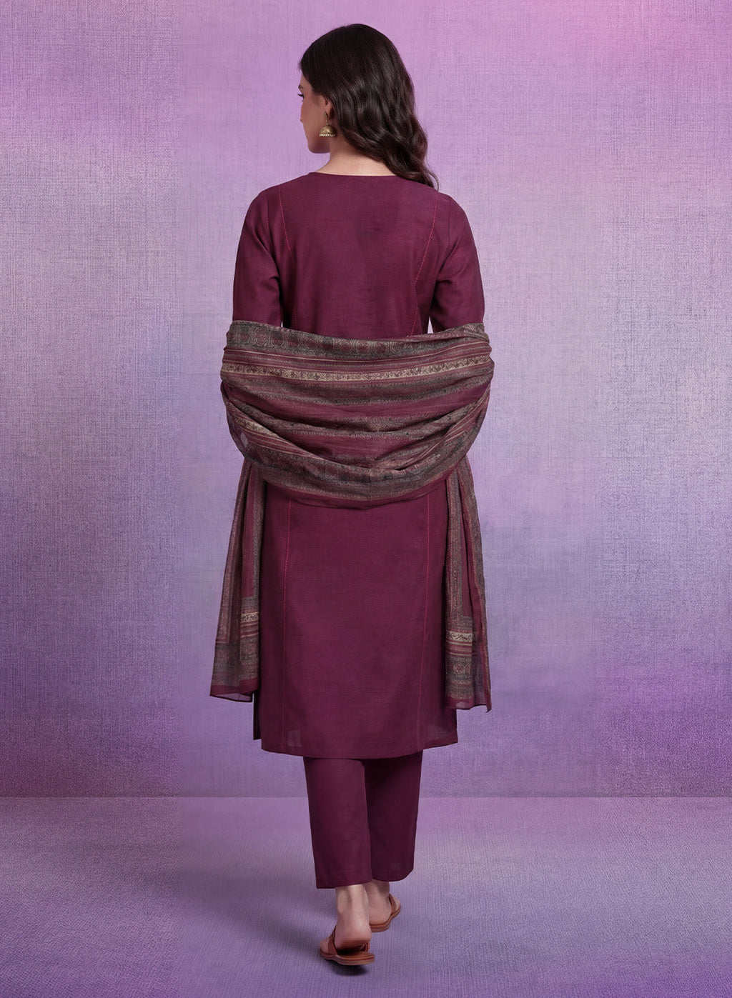 Wine Embroidered Suit Set with Dupatta