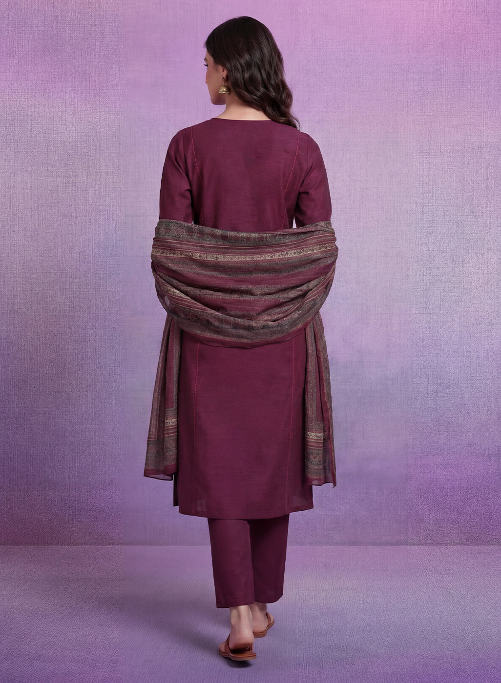 Wine Embroidered Suit Set with Dupatta