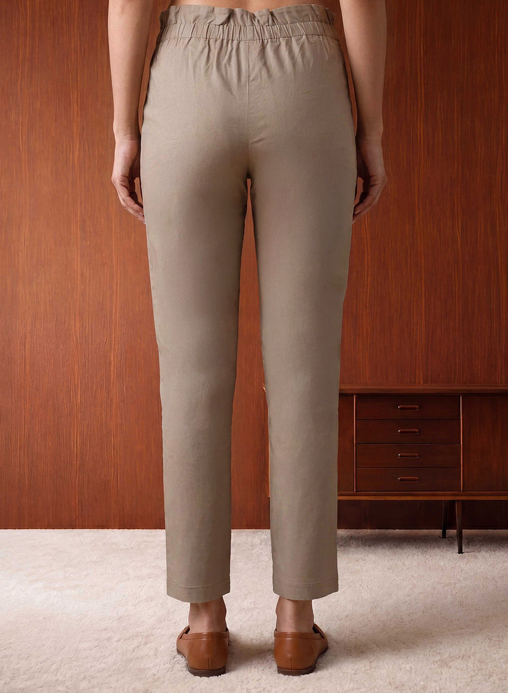 Beige Cotton Blend Regular Fit Pants