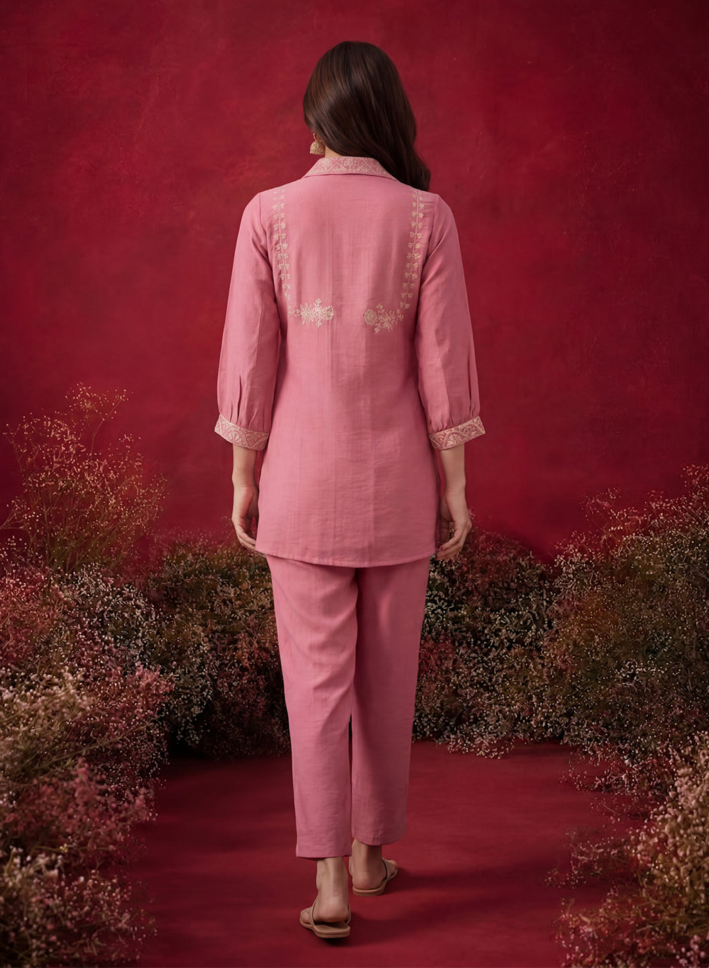 Peach Embroidered Cotton Blend Regular Co-ord Set