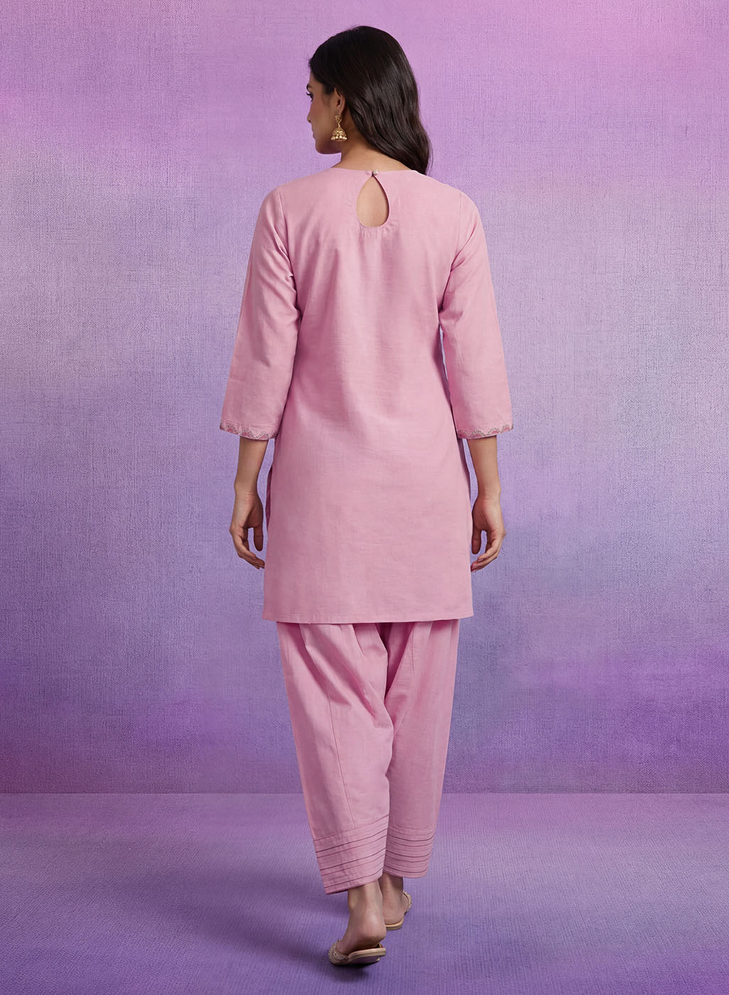 Pink Embroidered Cotton blend Kurta Set