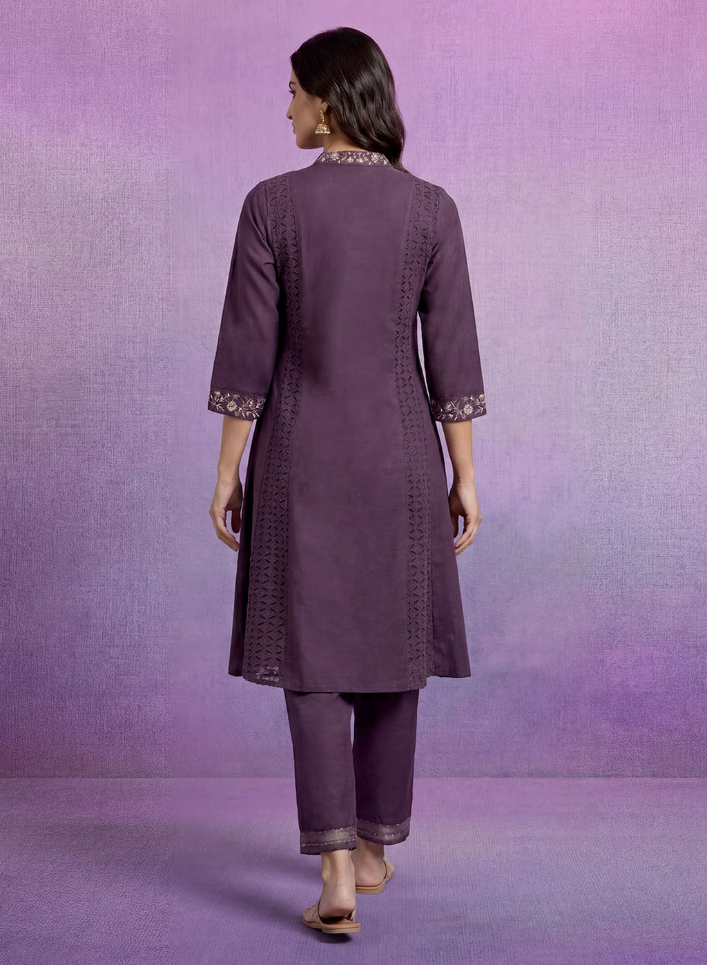 Purple Embroidered A-line Kurta Set