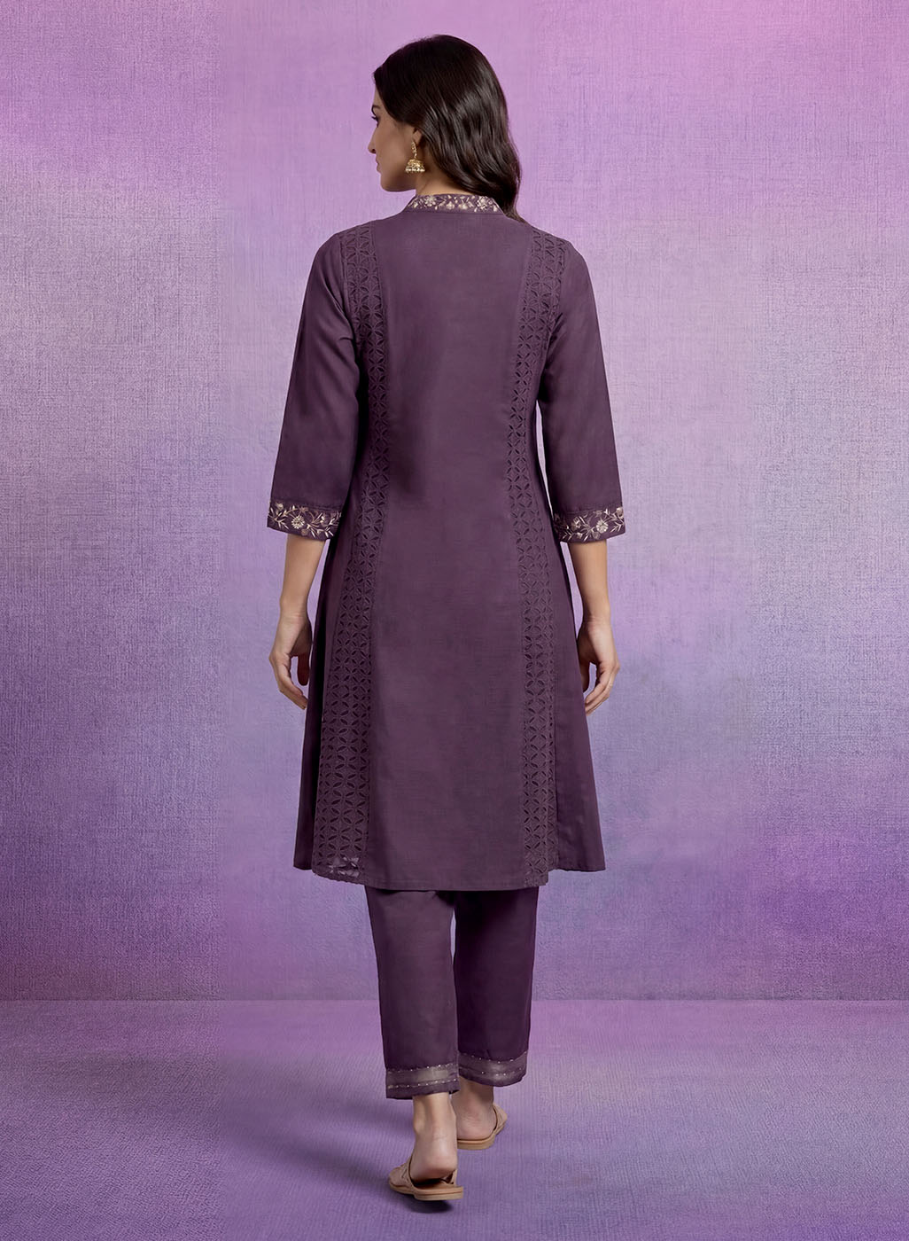 Purple Embroidered A-line Kurta Set