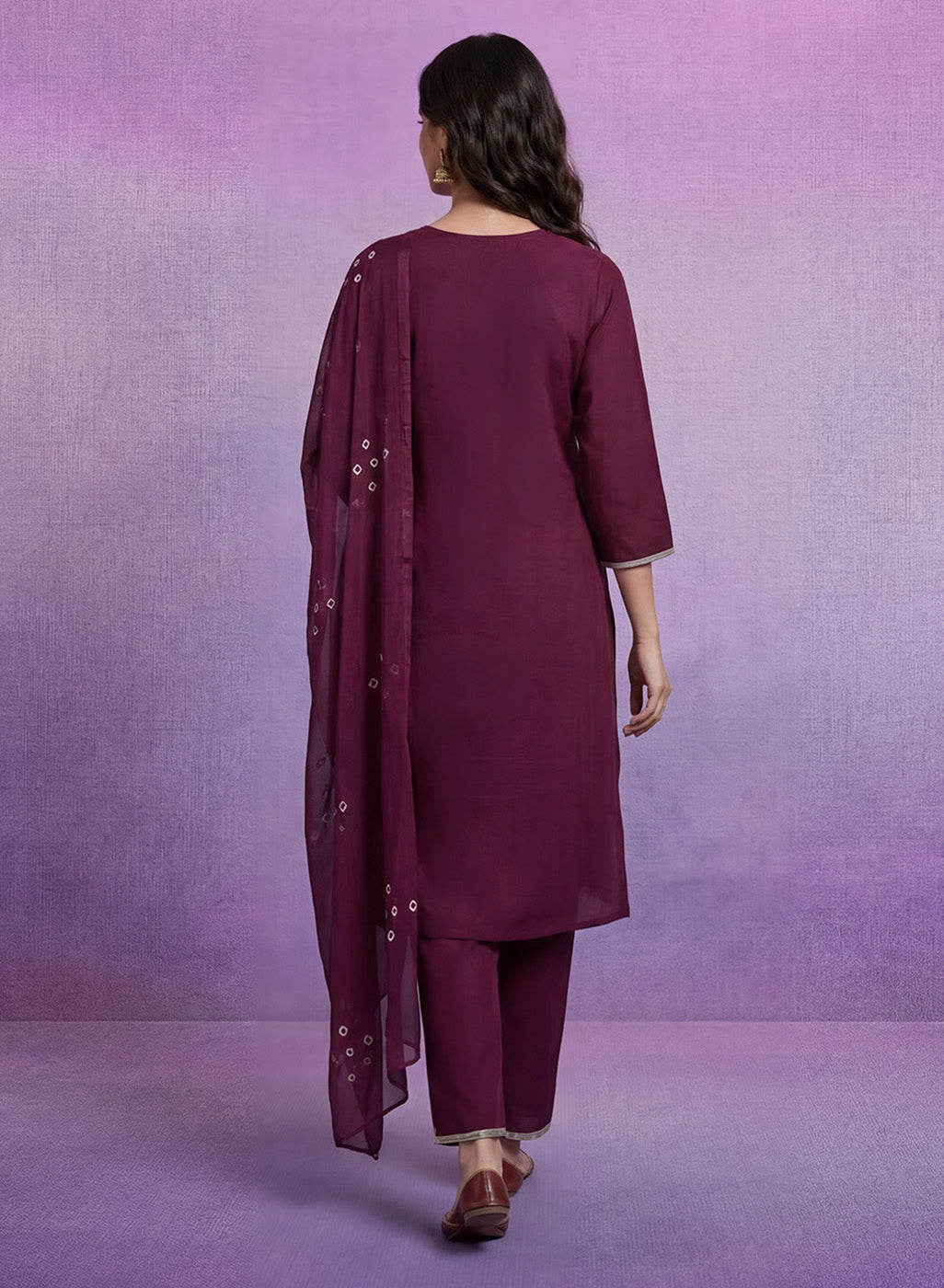 Wine Embroidered Straight Suit Set with Dupatta