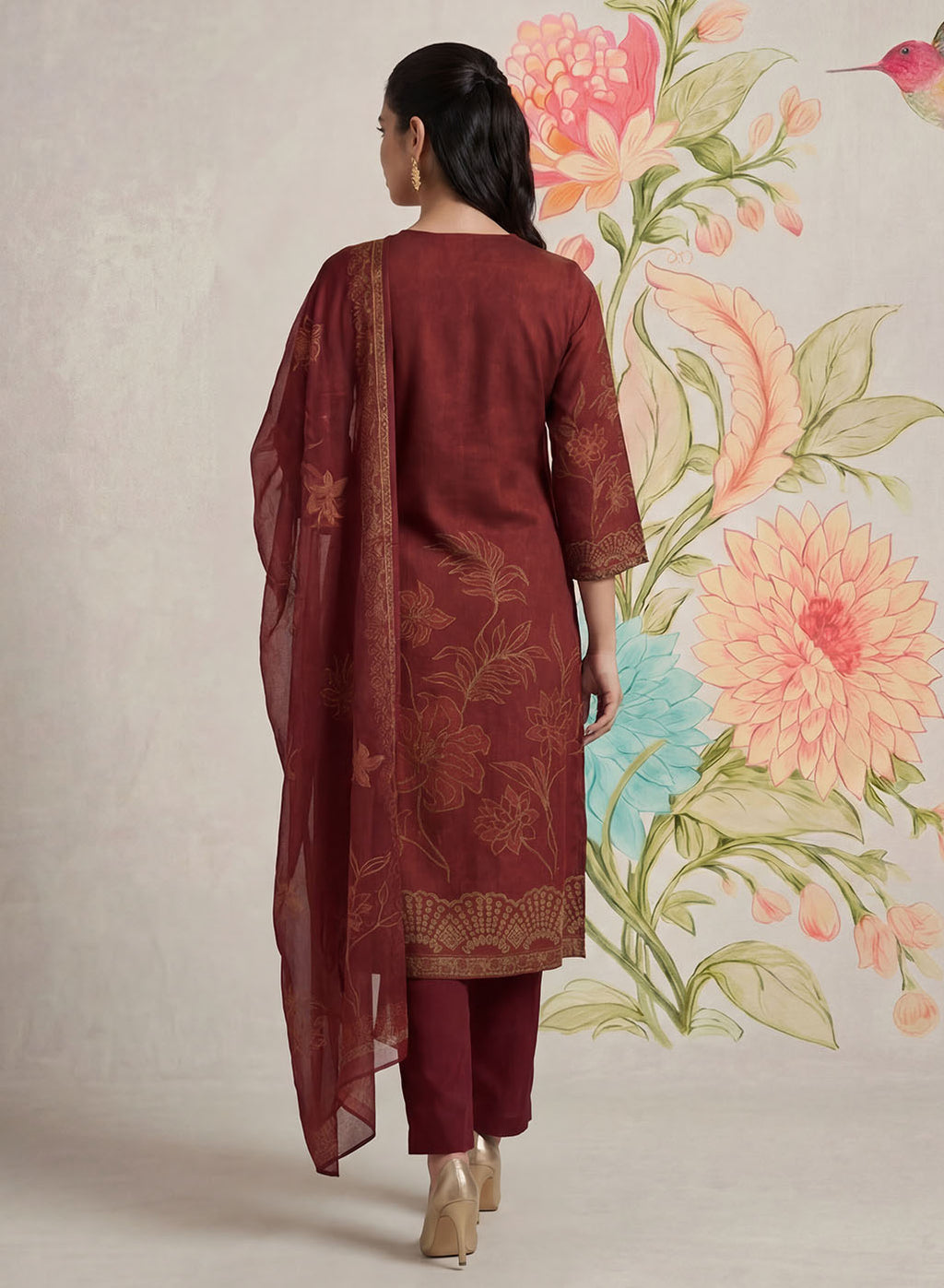 Kasni Maroon Printed Suit Set with Dupatta