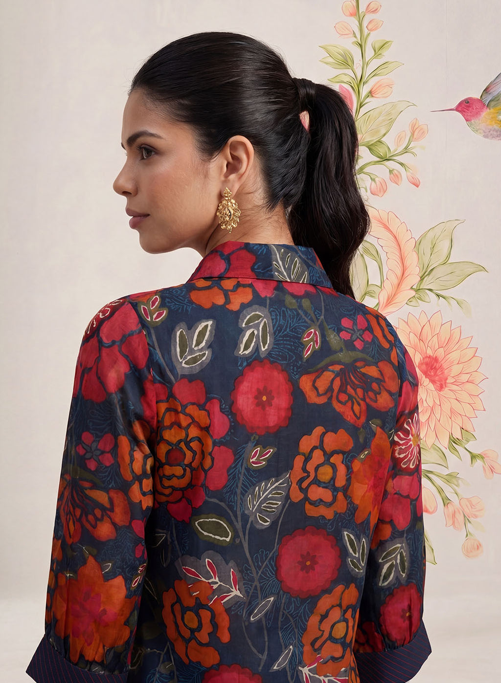 Survani Navy Floral Printed Cotton Shirt