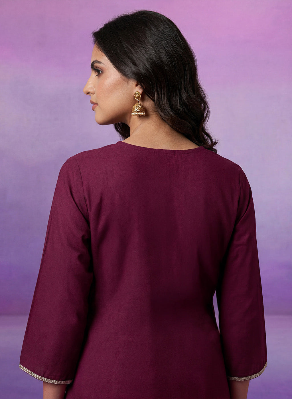 Wine Embroidered Straight Suit Set with Dupatta