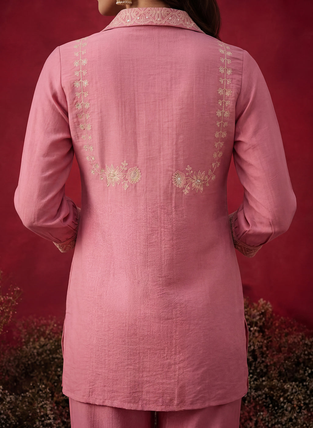 Peach Embroidered Cotton Blend Regular Co-ord Set
