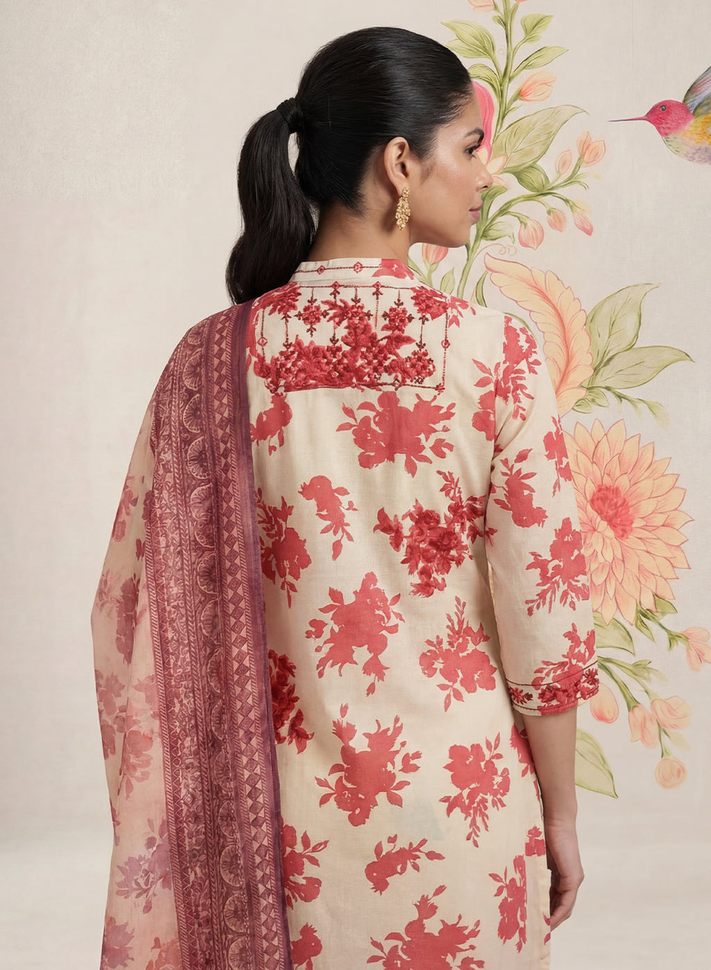 Falguni Red Printed Cotton Suit Set with Dupatta
