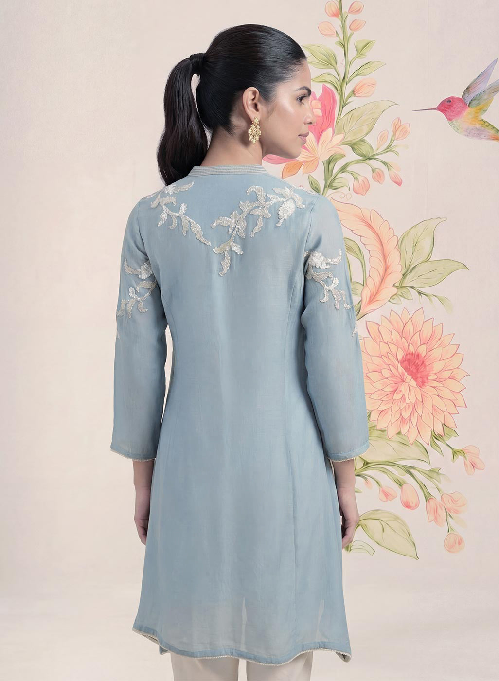 Intira Blue Embroidered A-line Kurta