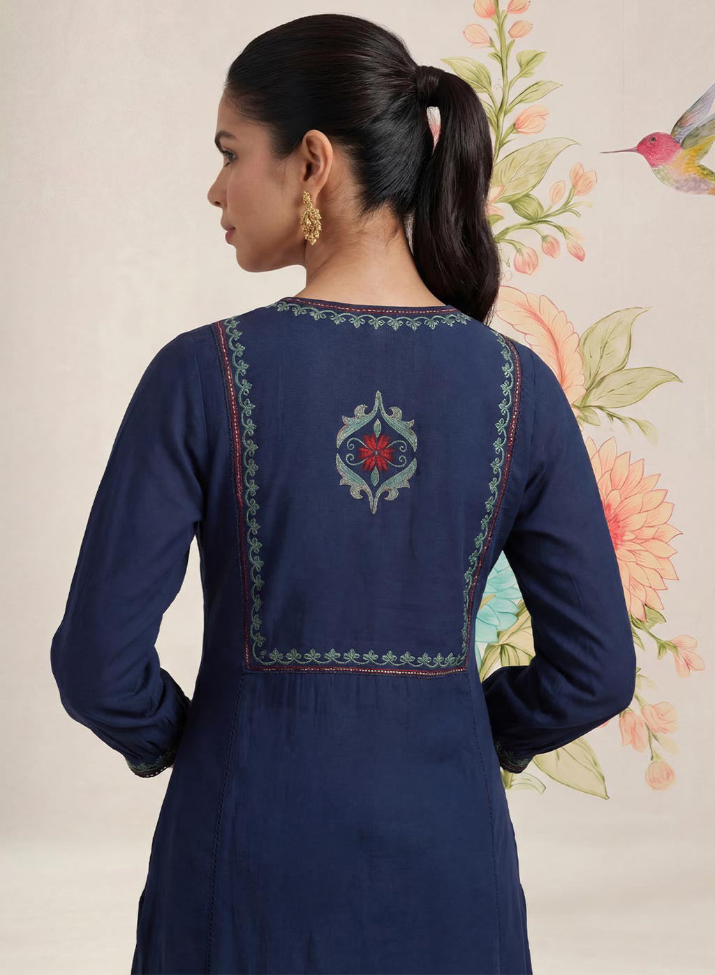 Jugni Navy Embroidered A-line Kurta